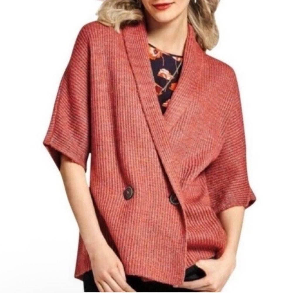 Cabi Rosewood Two Button Sweater Womens Size S Red Knit Shawl Neck Short Sleeves